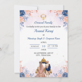 Royal Blue & Peach Anand Karaj Invitation Card