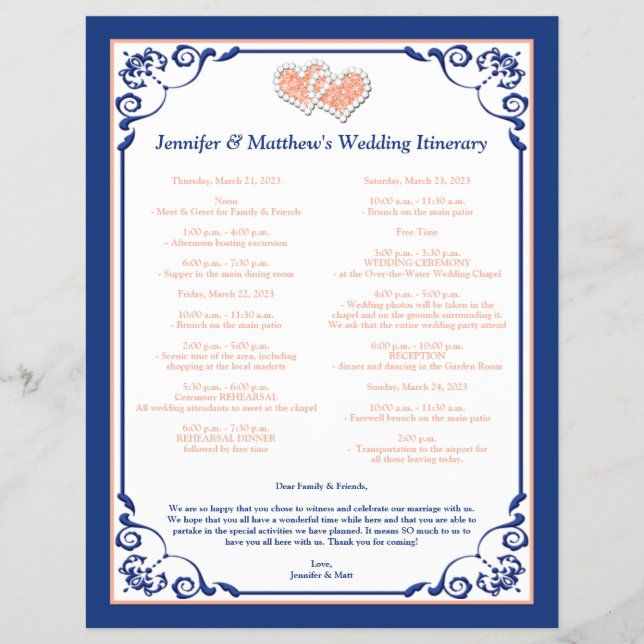 Royal Blue, Peach Hearts Wedding Itinerary Flyer (Front)