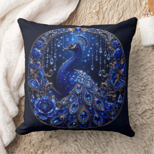 Royal Blue Peacock Crystal Glamour Throw Pillow