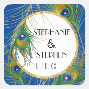 Royal Blue Peacock Feathers w Gold Faux Glitter Square Sticker