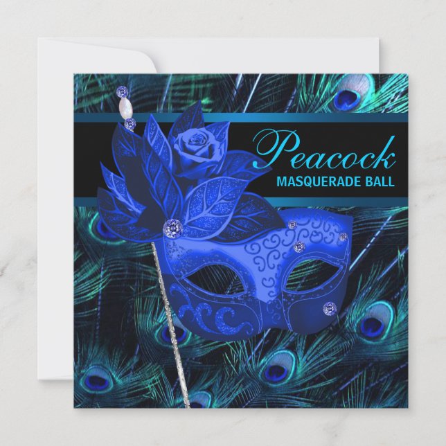 Royal Blue Peacock Masquerade Party Invitation (Front)