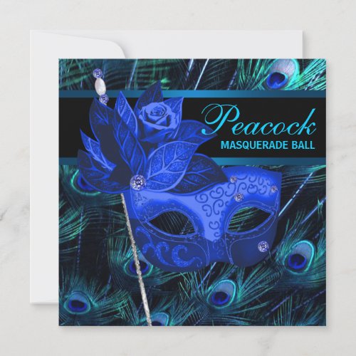 Royal Blue Peacock Masquerade Party Personalized Invite