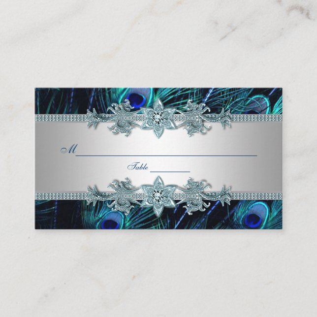 Royal Blue Peacock Seating Place Cards (Front)