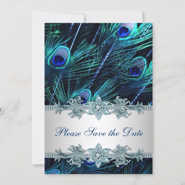 Royal Blue Peacock Wedding Save the Date (Front)