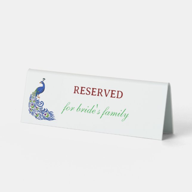 Royal Blue Peacock Wedding Table Tent Sign (Front)