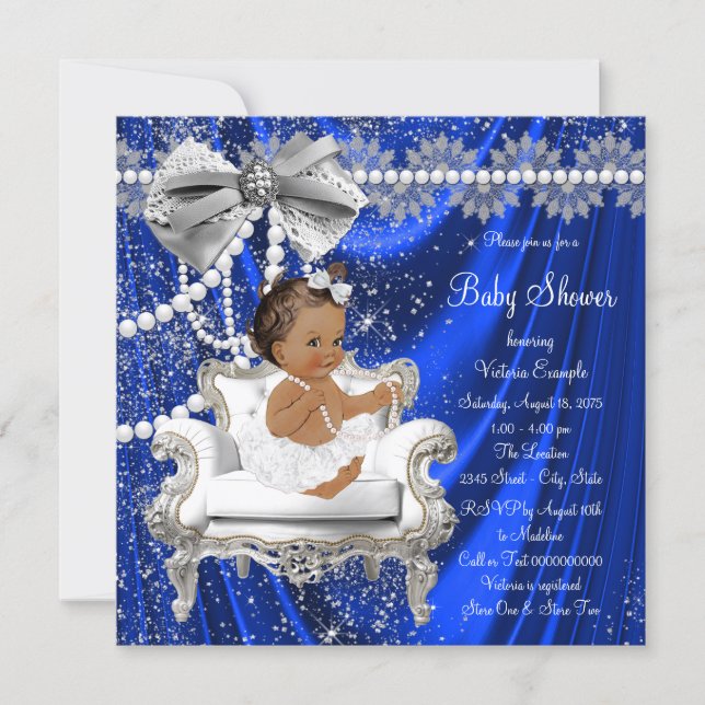 Royal Blue Pearl Chair Ethnic Girl Baby Shower Invitation (Front)