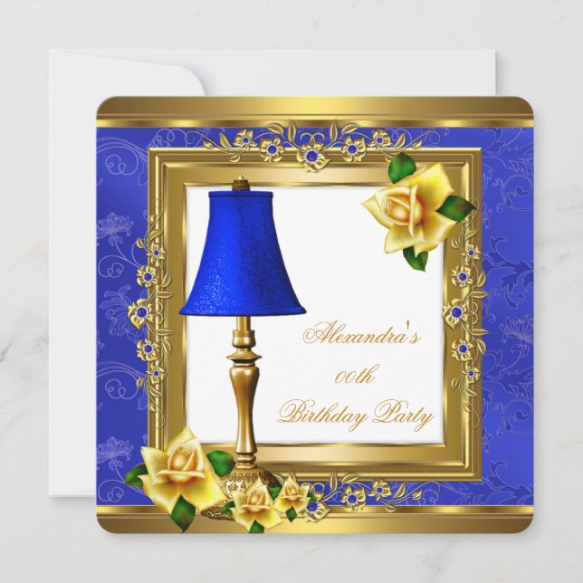 Royal Blue Pearl Gold Yellow Rose Birthday Party Invitation (Front)
