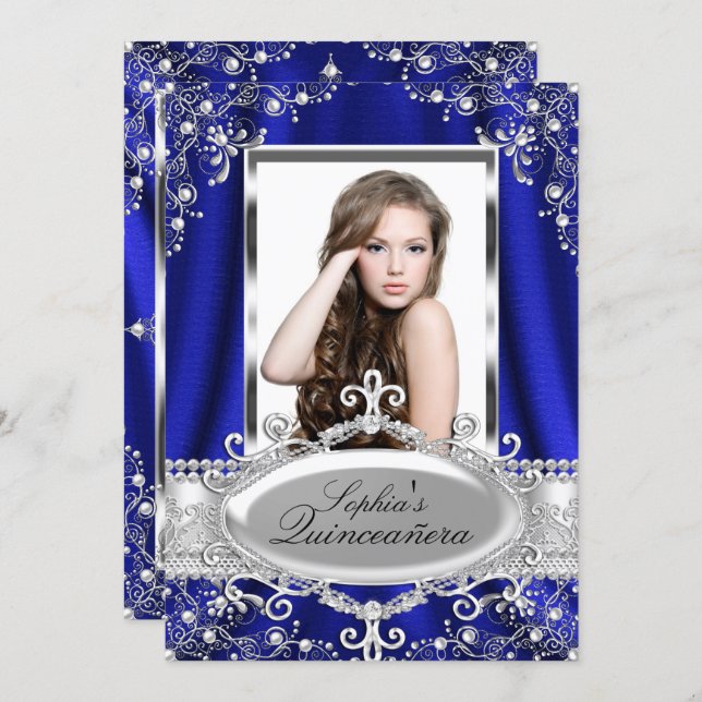 Royal Blue Pearl Silk Vintage Glamour Quinceanera Invitation (Front/Back)