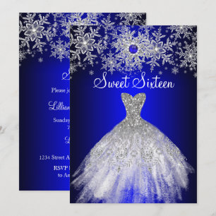 Royal Blue Pearl Silver Dress Snowflake Sweet 16 Invitation