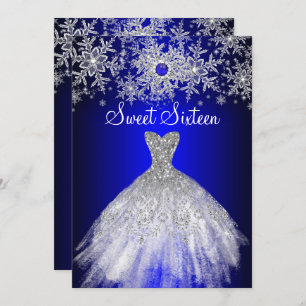 Royal Blue Pearl Silver Dress Snowflake Sweet 16 Invitation