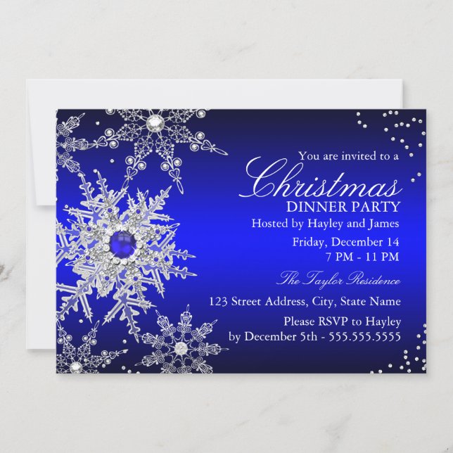 Royal Blue Pearl Snowflake Christmas Dinner Party Invitation (Front)