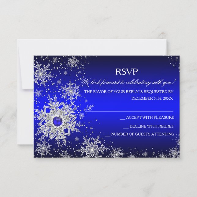 Royal Blue Pearl Snowflake Christmas Party RSVP Card (Front)