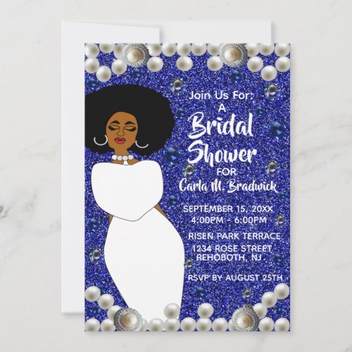 Royal Blue Pearls African American Bridal Shower  Invitation
