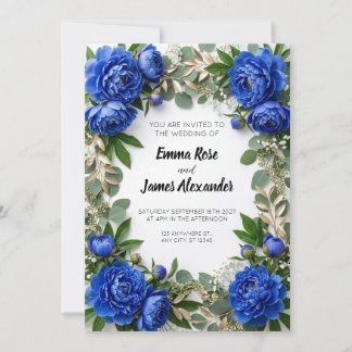 Royal Blue Peony Border Wedding Invitation
