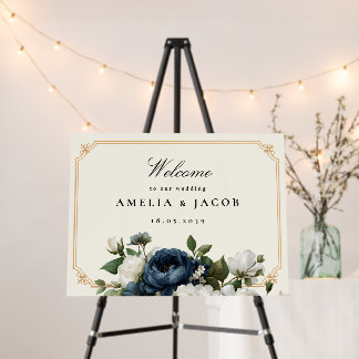 Royal Blue Peony Wedding &Gold Frame Welcome Signs