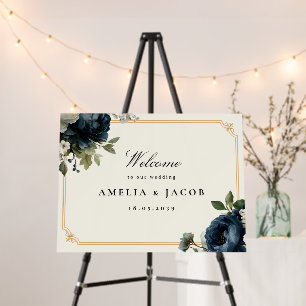 Royal Blue Peony Wedding &Gold Frame Welcome Signs