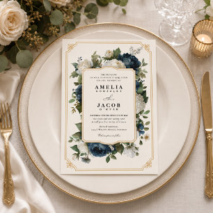 Royal Blue Peony Wedding with Gold Frame Invitation