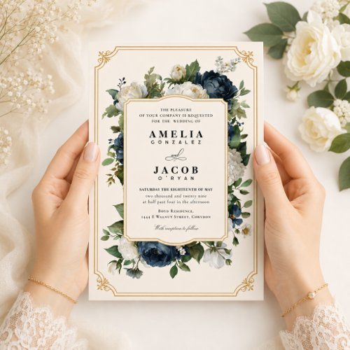 Royal Blue Peony Wedding with Gold Frame Invitation