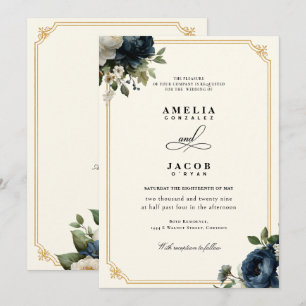 Royal Blue Peony Wedding with Gold Frame Invitation
