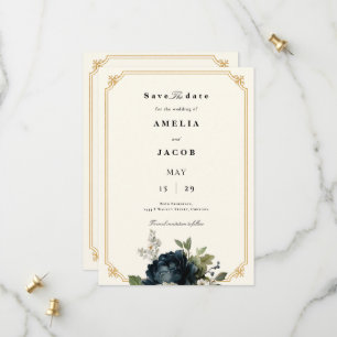 Royal Blue Peony Wedding with Gold Frame Save The Date