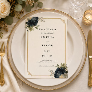 Royal Blue Peony Wedding with Gold Frame Save The Date