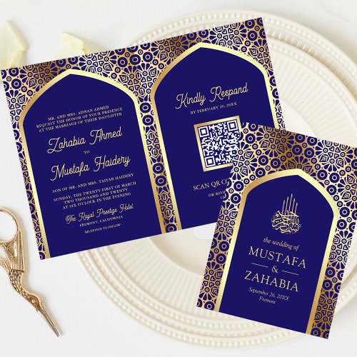 Royal Blue Persian Arch QR Code Muslim Wedding Invitation