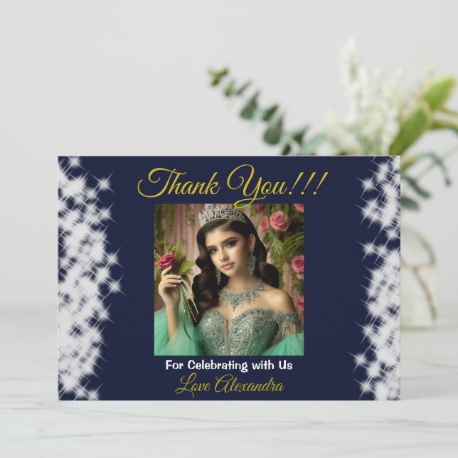 Royal Blue Photo Boho Quinceañera Spanish Favor Thank You Card (Standing Front)