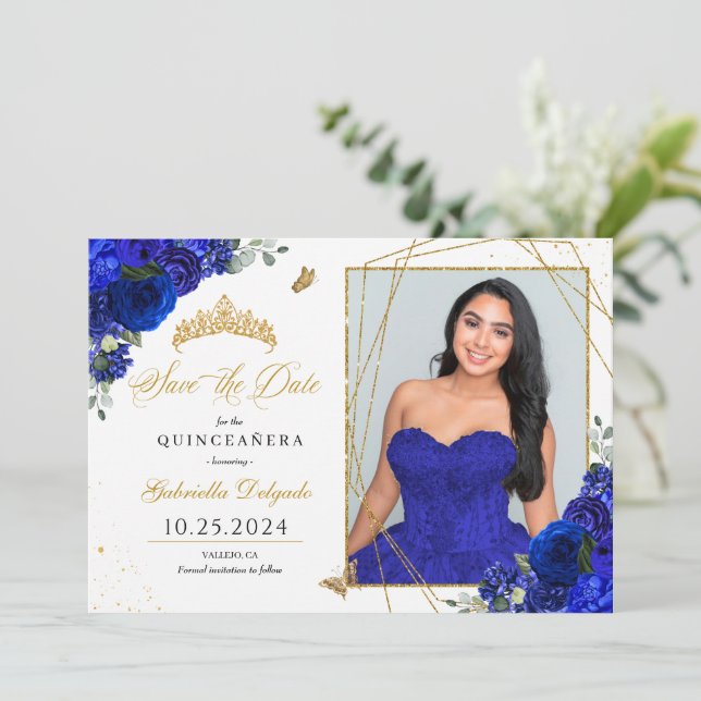 Royal Blue Photo Card Quinceañera Save The Date (Standing Front)