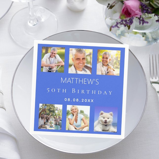 Royal blue photo collage birthday party napkins (Creator Uploaded)