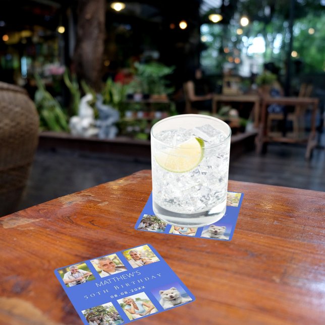 Royal blue photo collage birthday party square paper coaster (Creator Uploaded)