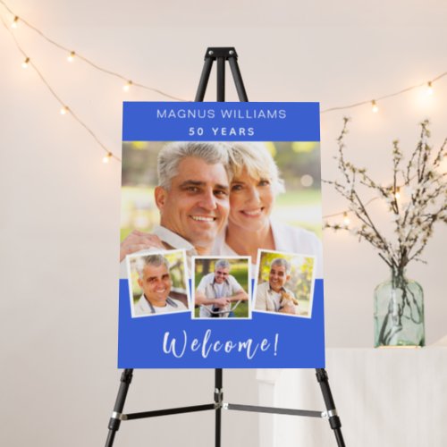 Royal blue photo collage birthday party welcome foam board