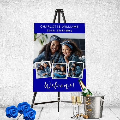 Royal blue photo collage birthday party welcome foam board