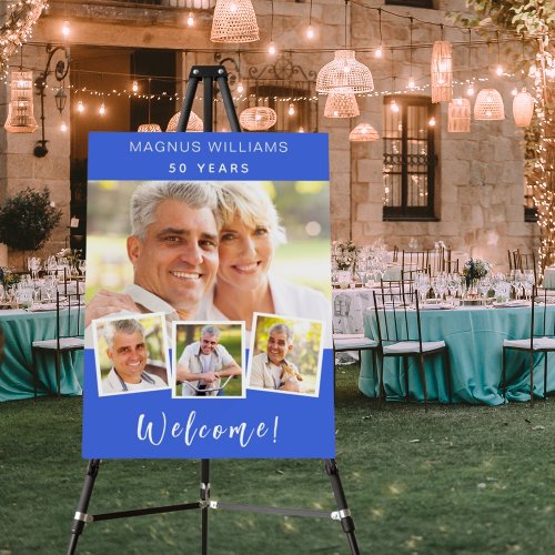 Royal blue photo collage birthday party welcome foam board