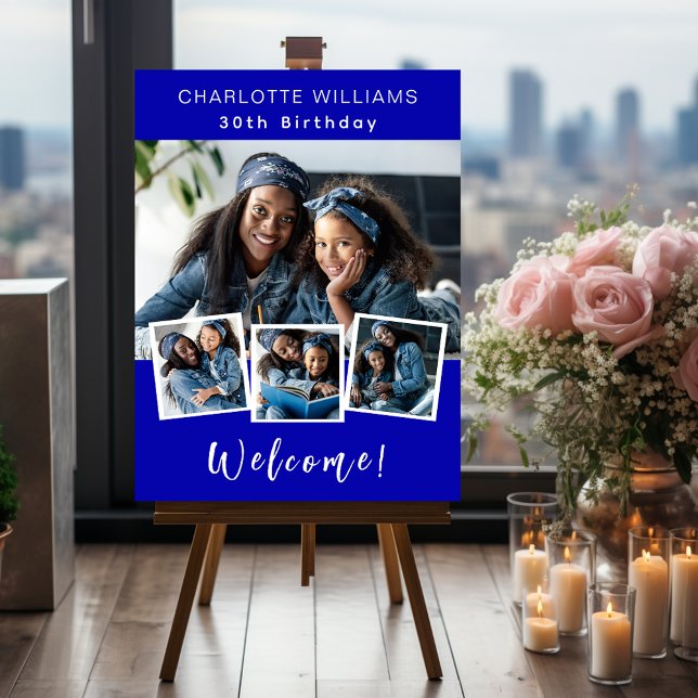 Royal blue photo collage birthday party welcome foam board (Creator Uploaded)