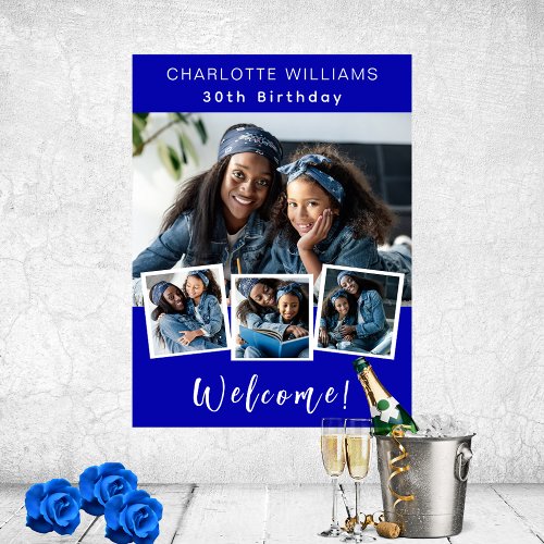 Royal blue photo collage birthday party welcome poster