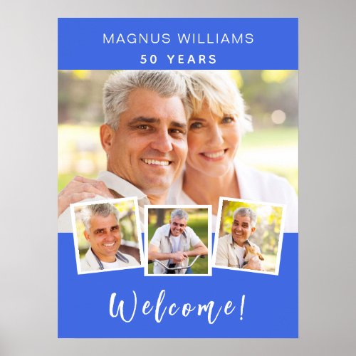 Royal blue photo collage birthday party welcome poster