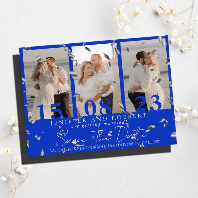 Royal Blue Photo Collage Save the Date Card Flyer (Creator Uploaded)