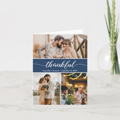Royal Blue Photo Collage Thankful Script Wedding Thank You Card