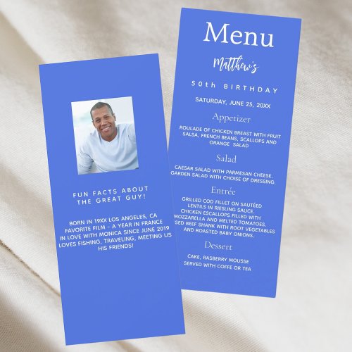 Royal blue photo fun facts birthday menu card