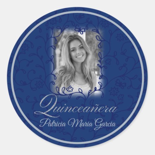 Royal blue photo quinceaera floral vines classic  classic round sticker