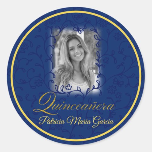 Royal blue photo quinceaera floral vines classic round sticker