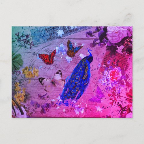 Royal Blue Pink Colorful Peacock Cute Butterfly Postcard