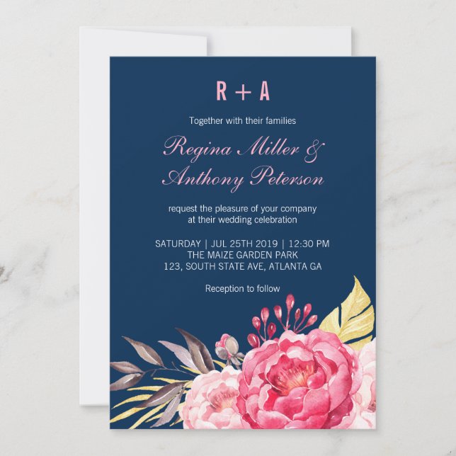 Royal Blue Pink Flower Garden Wedding Invitation (Front)