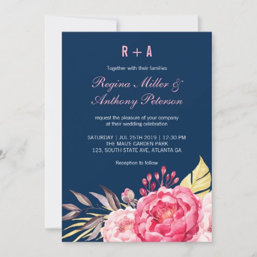 Royal Blue Pink Flower Garden Wedding Invitation