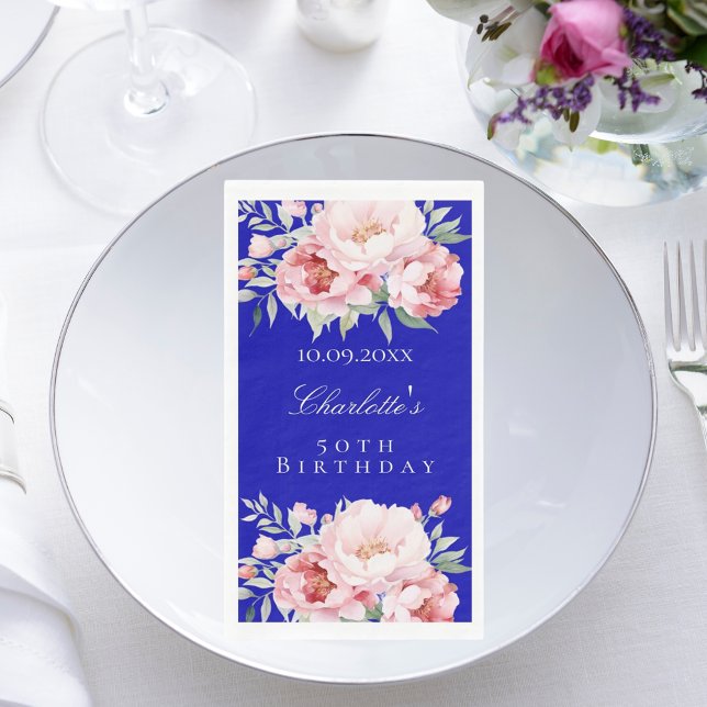 Royal blue pink roses florals elegant birthday paper guest towels (Creator Uploaded)