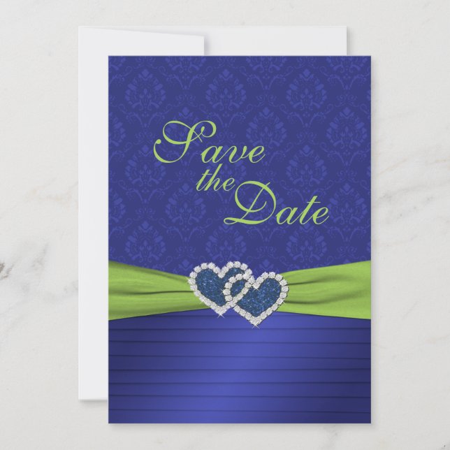 Royal Blue Pleats and Chartreuse Save the Date (Front)