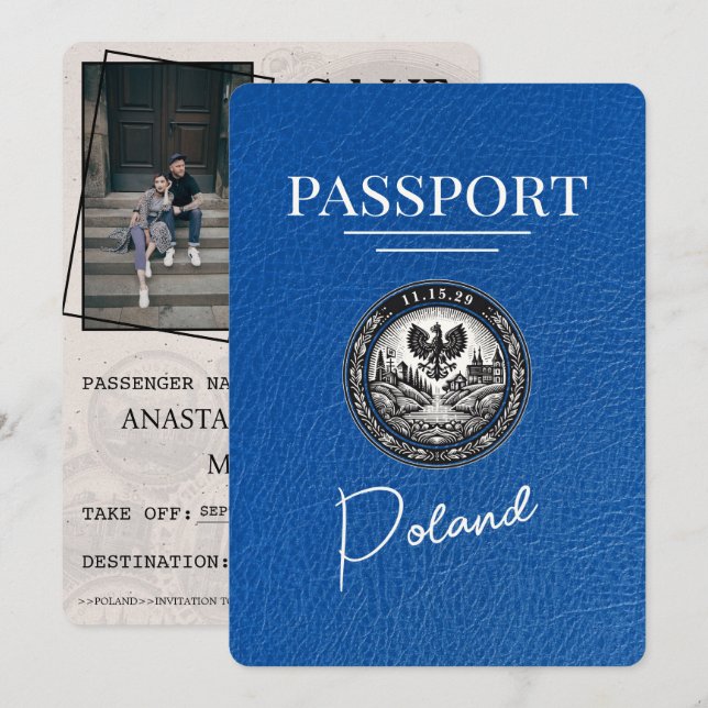 Royal Blue Poland Passport Save The Date (Front/Back)