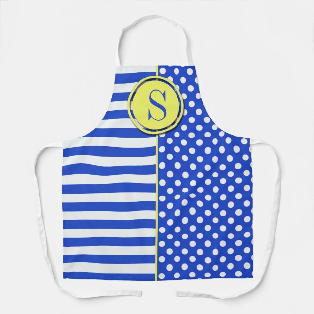 Royal Blue Polka Dots and Stripes-Monogram STaylor Apron (Front)