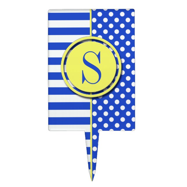Royal Blue Polka Dots and Stripes-Monogram STaylor Cake Topper (Front)