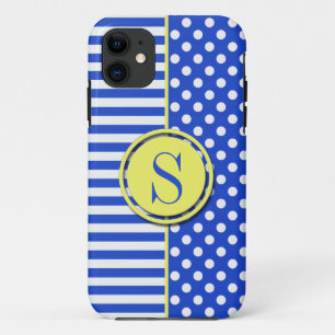 Royal Blue Polka Dots and Stripes-Monogram STaylor iPhone 11 Case